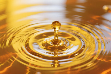 Golden water droplet creating ripples in a serene background ideal for wellness and relaxation themes.