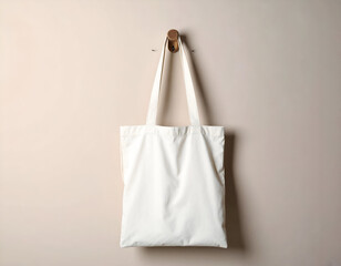 Plain white tote bag hanging on a wall, ideal for eco-friendly branding and shopping purposes.