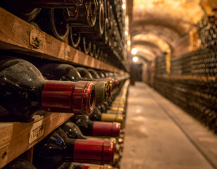 A tranquil wine cellar filled with aged bottles, evoking a sense of history and craftsmanship in wine production.