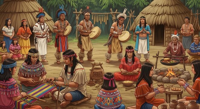 A vibrant illustration of a traditional Native American community gathering in a village