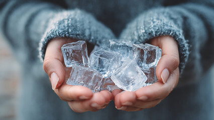 Fragile Warmth Cradling a Handful of Glistening, Cold Ice Cubes