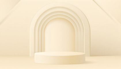 Abstract 3D podium stage in minimalist beige tones for product display