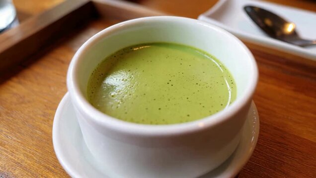 Smooth and Creamy Matcha Green Tea Pudding in a Elegant Glass Cup, Vibrant Green Color Topped with Sweet Red Bean Paste and Chewy White Mochi Balls, Lightly Dusted with Matcha Powder, Fresh Mint Leaf 