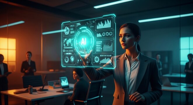 Professional woman analyzing complex data with an advanced artificial intelligence holographic interface in a modern office setting
