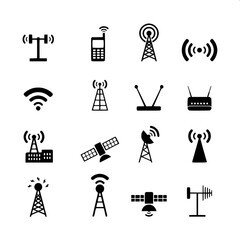 Obraz premium Minimal tech icon bundle showing different internet signal strengths, antenna waves, and audio waveform shapes, simple black vector graphics on plain white background.