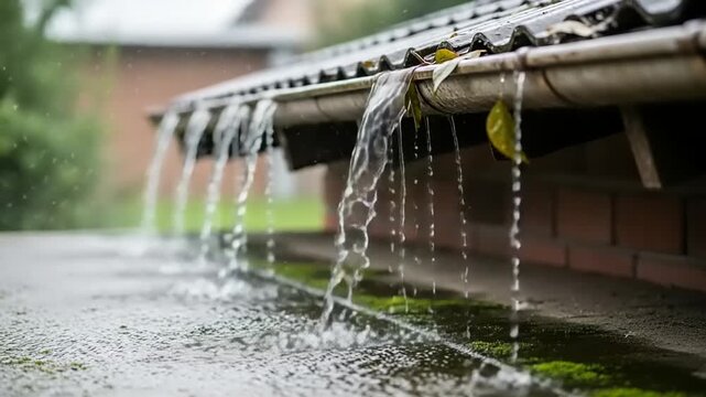 Rainwater Flowing from Gutter System.