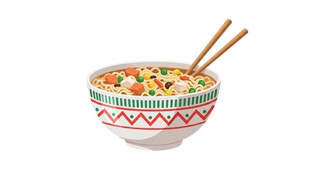 Hearty and inviting bowl of steaming Asian-style noodles, generously filled with colorful vegetables and savory chicken, complete with elegant chopsticks &ndash; a delightful comfort meal illustration
