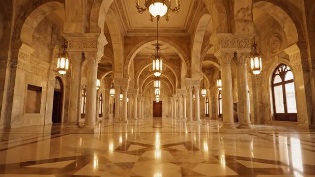 Grand Palace Hall Interior Slow Motion Cinematic Shot