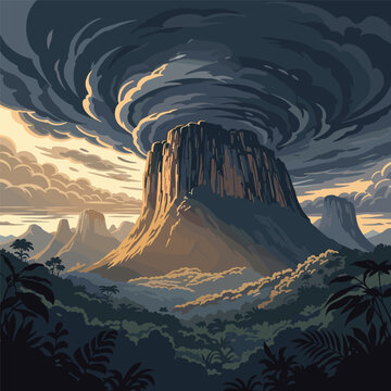 Volcano Erupting with Dark Swirling Clouds.