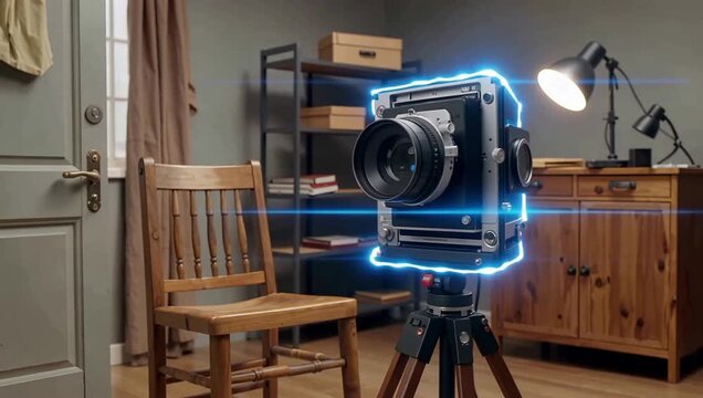 A vintage camera with a glowing blue outline sits on a tripod in a dimly lit room, capturing an old-fashioned aesthetic with a modern twist.