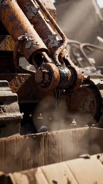 Close up of rusted industrial machinery and metal components.