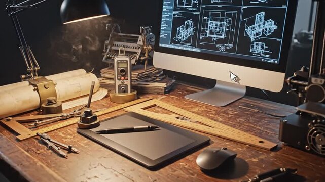 Engineer's desk with 3D printer, blueprints, and computer displaying technical drawings