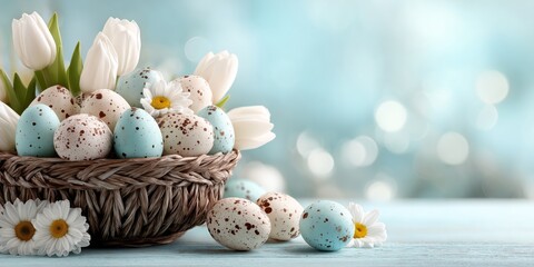 Obraz premium Festive wicker basket filled with decorated eggs and fresh flowers, clean copy space for Easter promotions and invitations