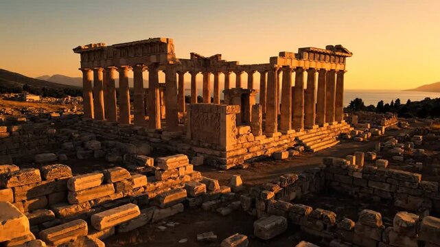 Ancient greek temple ruins at sunset with mediterranean sea in background historical landmark drone footage architectural marvel