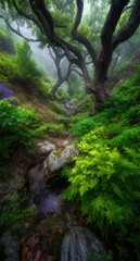 Obraz premium Lush, misty forest path