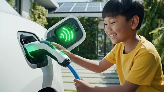 Happy boy charging electric car at home with solar panels on roof
