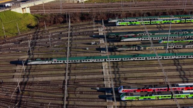 Aerial view of trains maneuvering at a railway depot