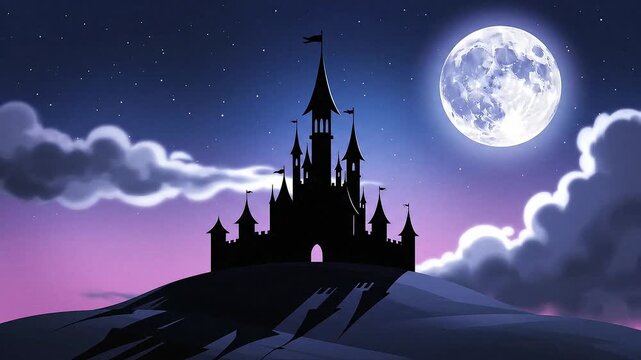Silhouette of a castle under a full moon against a starry sky