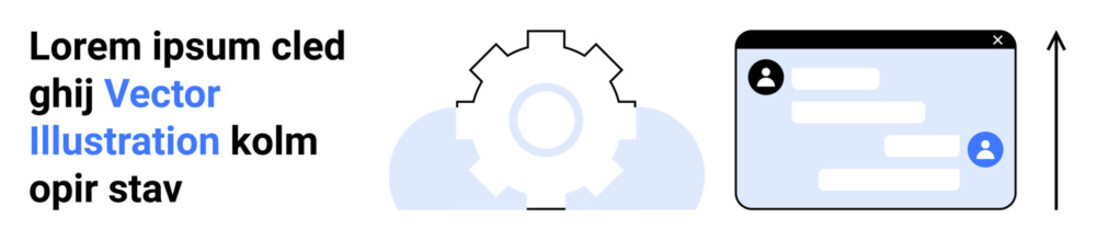 Obraz premium Technology integration, cloud computing, user engagement, digital communication, software interfaces, system processes. Gear and cloud icon alongside a user chat interface. Technology integration