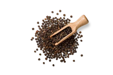 Fototapete Rund Zu Essen Top view of black peppercorns with scoop isolated on a transparent background. Natural aromatic spice for cooking, seasoning and culinary use. Ideal for food design and packaging.  © PrimeMockup