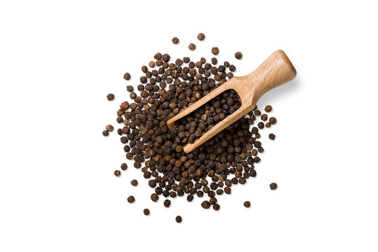 Top view of black peppercorns with scoop isolated on a transparent background. Natural aromatic spice for cooking, seasoning and culinary use. Ideal for food design and packaging.