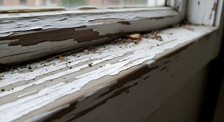 Obraz premium A close-up view of a worn wooden window sill with peeling white paint and debris.