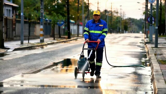 A worker in a blue uniform and yellow hat is cleaning the street with a pressure washer.