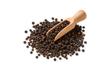 High angle view of black peppercorns with scoop isolated on a transparent background. Natural...