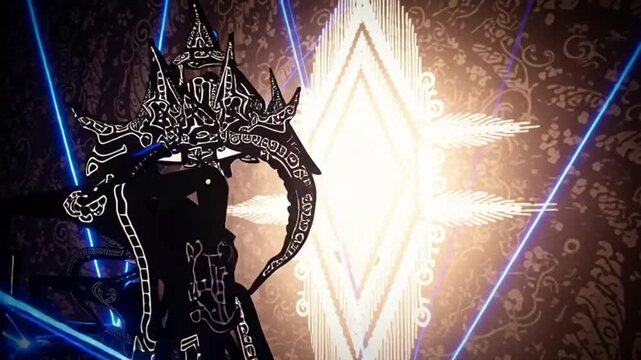Traditional Indonesian Wayang Kulit Shadow Puppets Performing with Blue Laser Lights and Dramatic Backlighting.