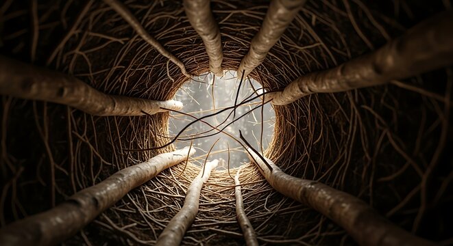 Dark Tubular Roots Converging Toward Bright Sky