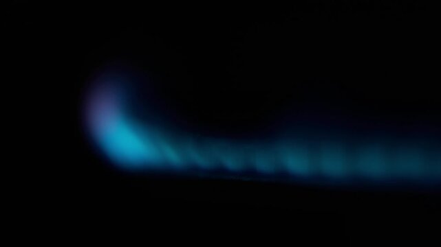 A detailed close-up shot of a blue gas burner flame with a slight purple tip flickering against a pitch-black background creating a minimalist abstract effect