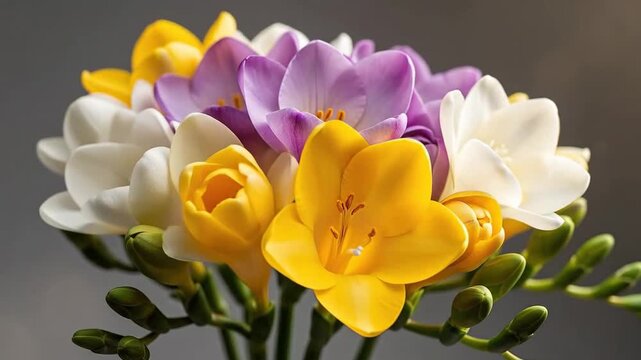 Close-up of a vibrant bouquet of freesia flowers in white, yellow, and purple.