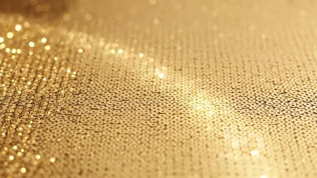 Golden sequin fabric shimmers, creating a luxurious and festive background texture.