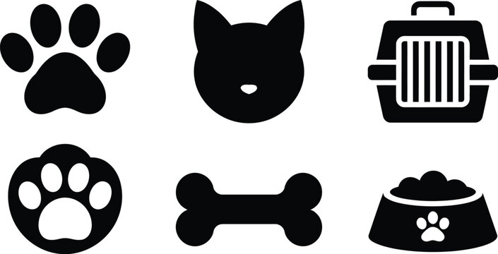 A simple graphic displays black silhouettes of a paw print cat head fish and bone high-quality professional detailed modern elegant