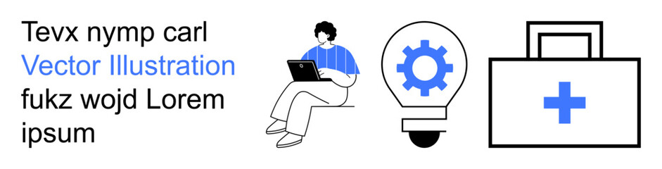 Obraz premium Remote work, innovation, healthcare, technology, education, problem-solving. Young person using a laptop, gear inside a lightbulb medical case with cross symbol. Remote work and innovation concept