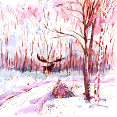 Watercolor Moose in Snowy Forest