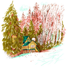Watercolor Illustration of  Cabin in Snowy Woods