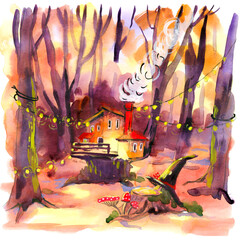 Whimsical Forest Cottage with Fairy Lights