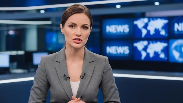 Professional Female News Anchor Reporting Live in a Modern Broadcast Studio.