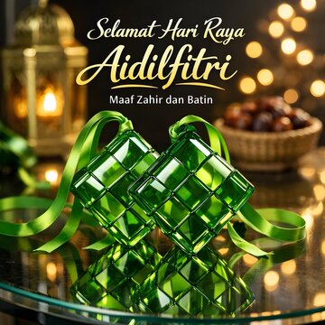 Selamat Hari Raya Aidilfitri, Hari Raya Aidilfitri greetings, Eid Mubarak Malaysia, Islamic festive, green glass ketupat, Islamic celebration deco, elegant typography gold, aesthatic raya background ,