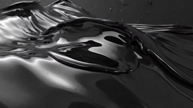 Abstract black liquid with smooth, flowing waves and reflective surface, creating a dynamic effect.