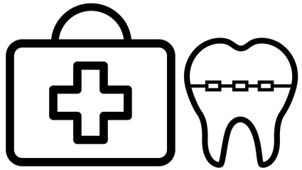 Obraz premium Dental first aid icon with medical kit and orthodontic tooth symbol. Simple black line icon illustrating a dental first aid concept. Dental health and emergency care sign.