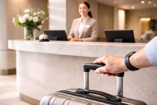 POV Arrival at Hotel Reception with Suitcase for Check-In Concept