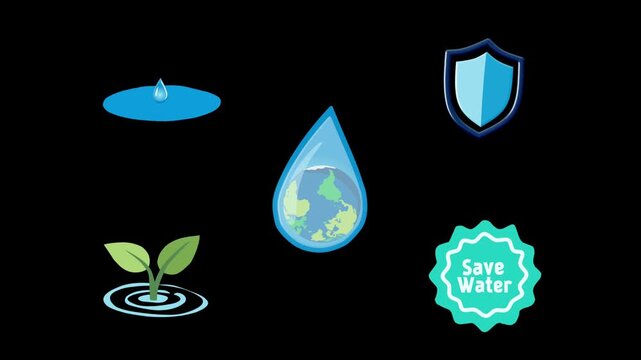 2D Animated Save Water and Protection Icons for Eco Video