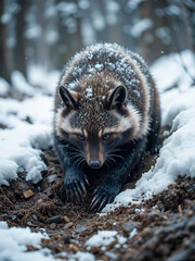 Obraz premium Wolverine digging vigorously through snow, animal digging, determinedly searching for food or shelter