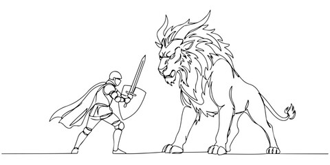 Obraz premium Continuous one line of a knight fighting a mythical beast, drawn illustration.