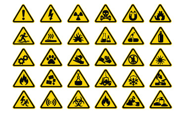 Extensive collection of yellow triangular hazard warning signs and safety pictograms designed for critical industrial and workplace environments