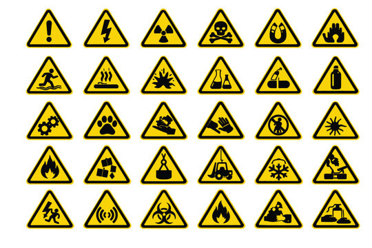 Extensive collection of yellow triangular hazard warning signs and safety pictograms designed for critical industrial and workplace environments