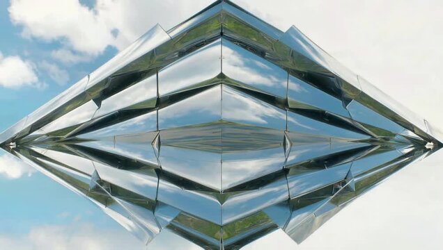 Abstract mirrored glass structure reflecting sky.
