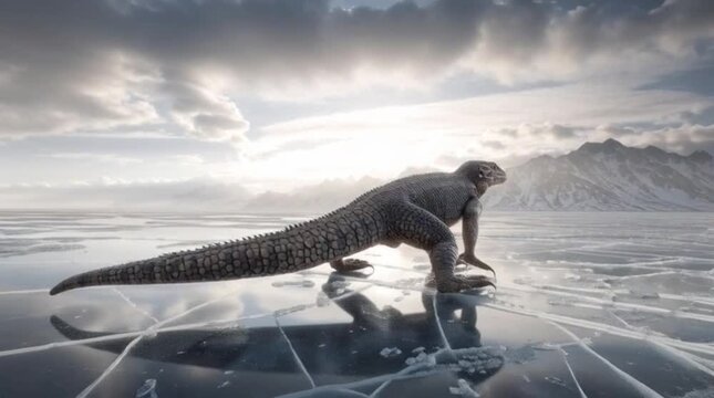 Giant lizard standing on frozen icy plain looking at snowy peaks